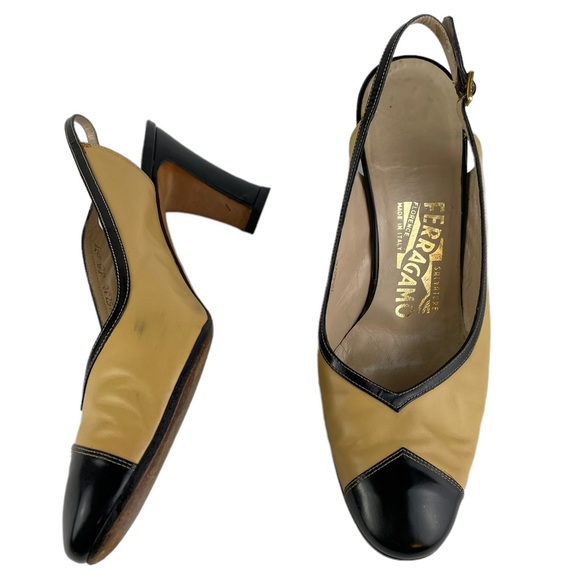 Vintage Salvatore Ferragamo Sling-back Black Tan Career Heels 8B Made In Italy - Picture 2 of 15